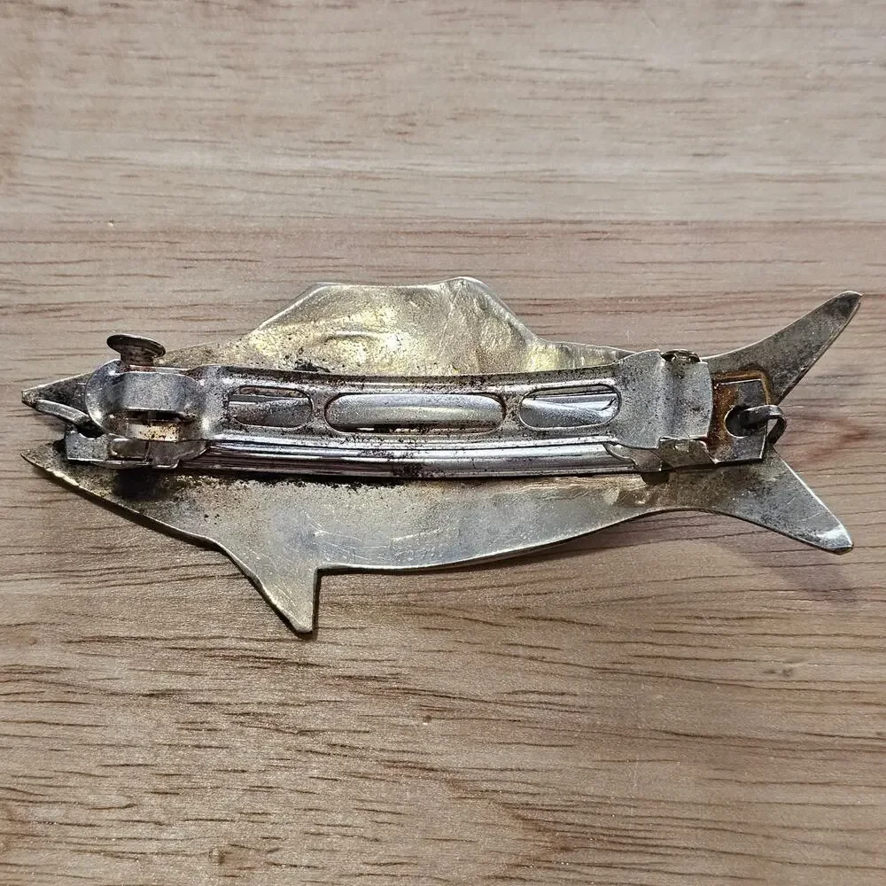 Alpaca Silver Fish Barrette in Blue and Black Inlaid with Mother of Pearl Chips